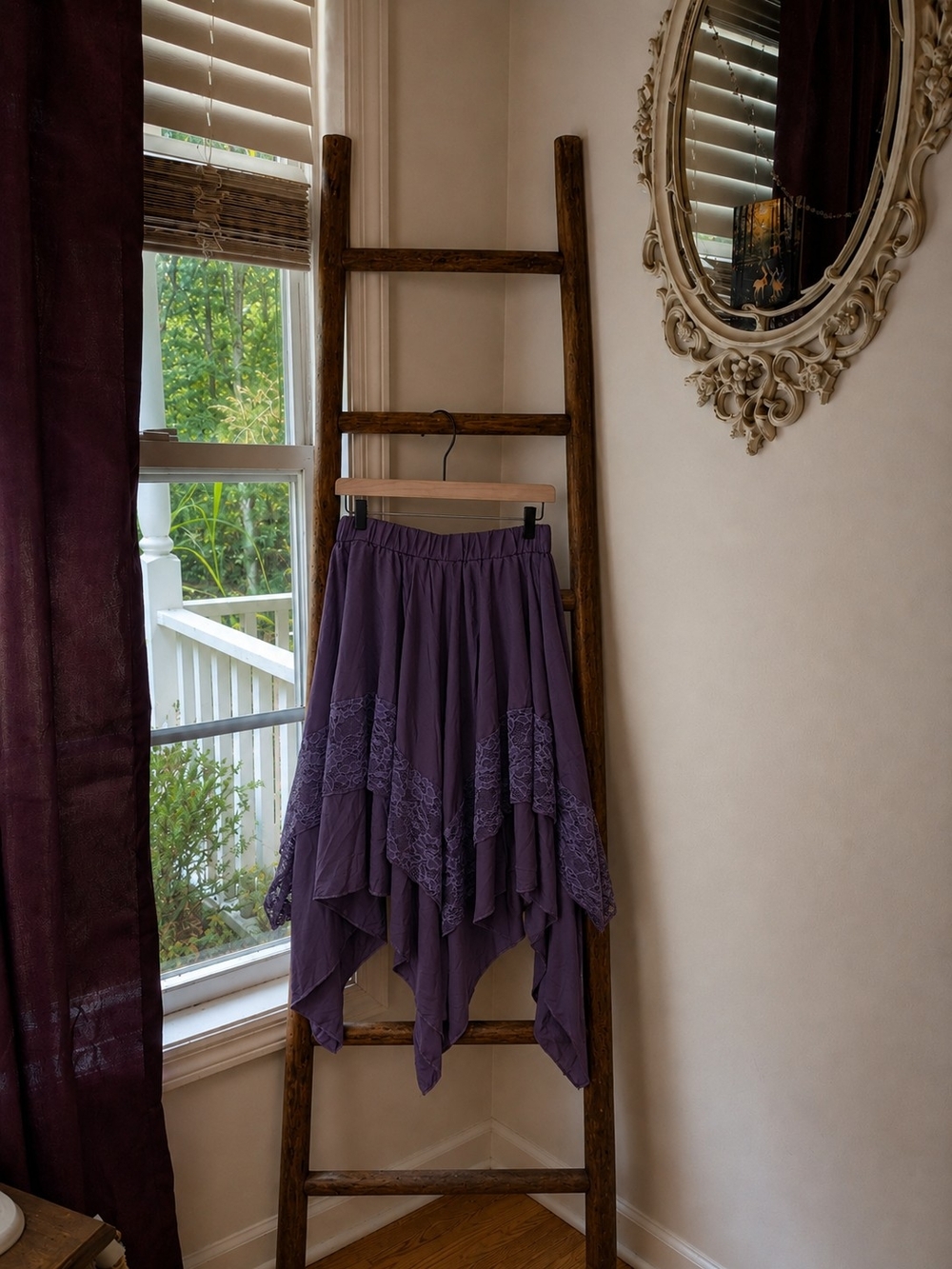 Purple Lace Trim Boho Handkerchief Hem Skirt Romantic Whimsy Cottagecore